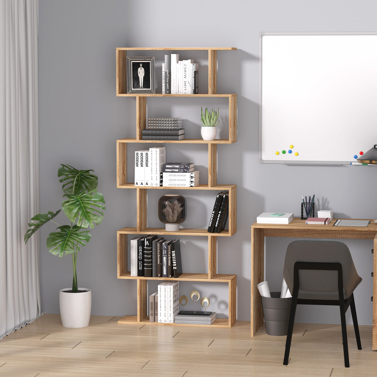 Bibliothèque étagère Zig zag Design Contemporain 80L x 23l x 192H cm 6 Niveaux Coloris chêne Clair-1