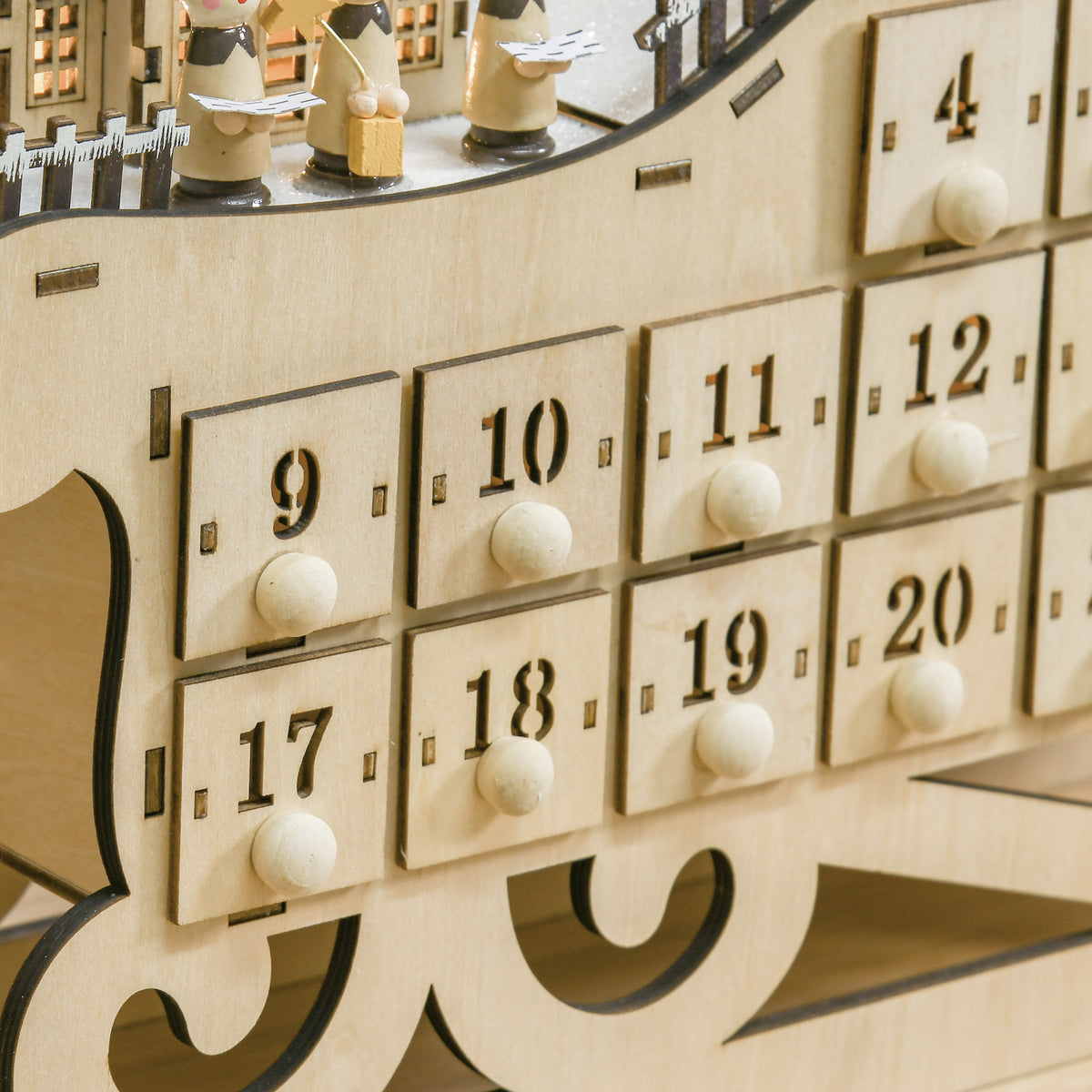 Calendario dell’Avvento di Natale in legno a slitta con 24 cassetti e 10 LED