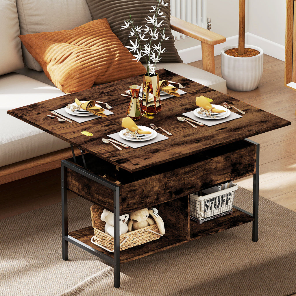 Table basse relevable et extensible, table de salon avec compartiment caché étagères ouvertes, 98x49x55cm, brun rustique-1