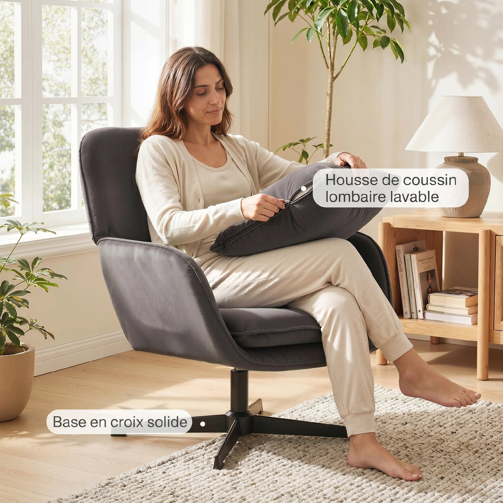 Fauteuil salon, fauteuil d'appoint rembourré en velours avec large assise, coussin et structure en métal, gris foncé-7