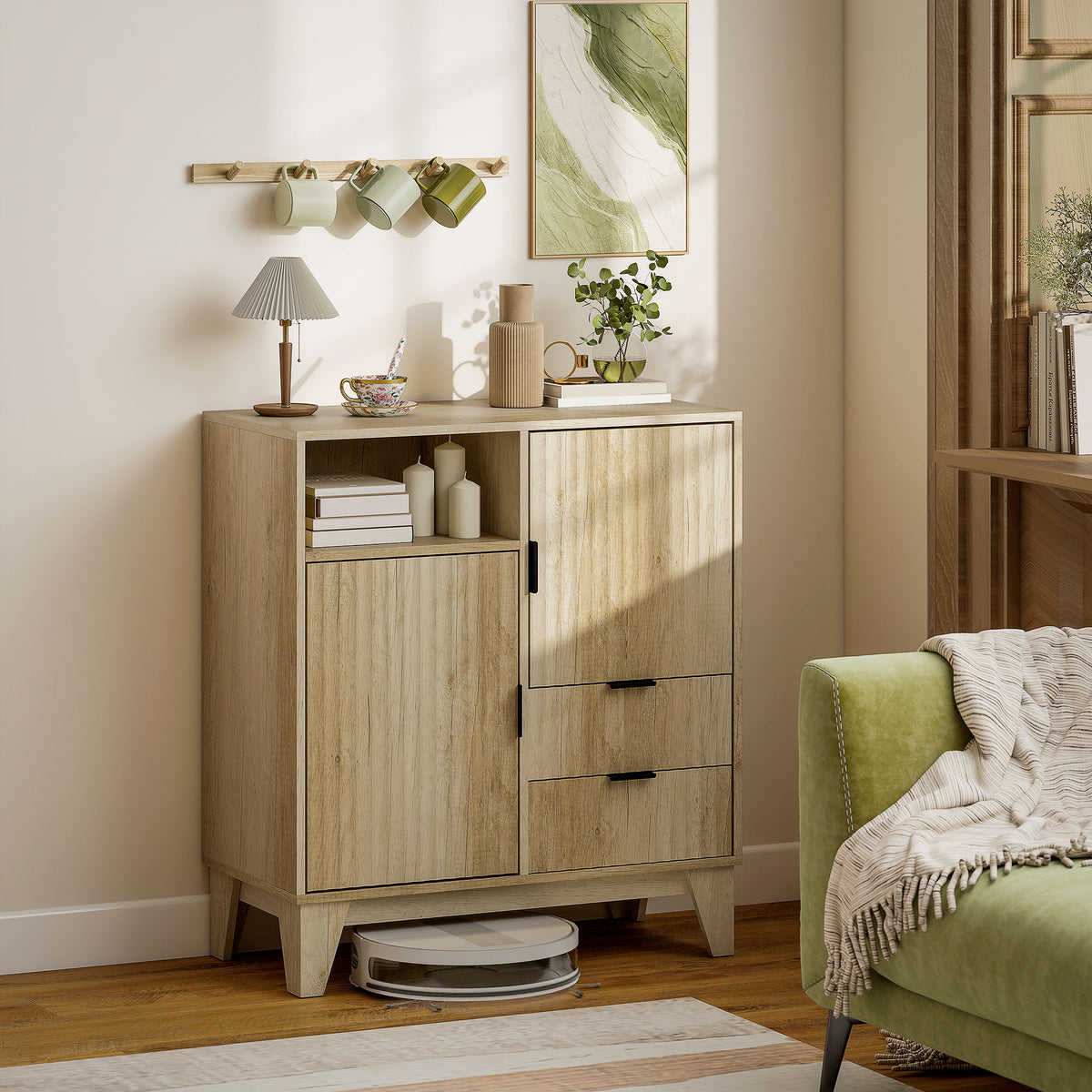 Buffet salon, meuble de rangement, 2 portes, 2 tiroirs, étagère réglable, compartiment ouvert, 80x40x90cm, bois naturel-1