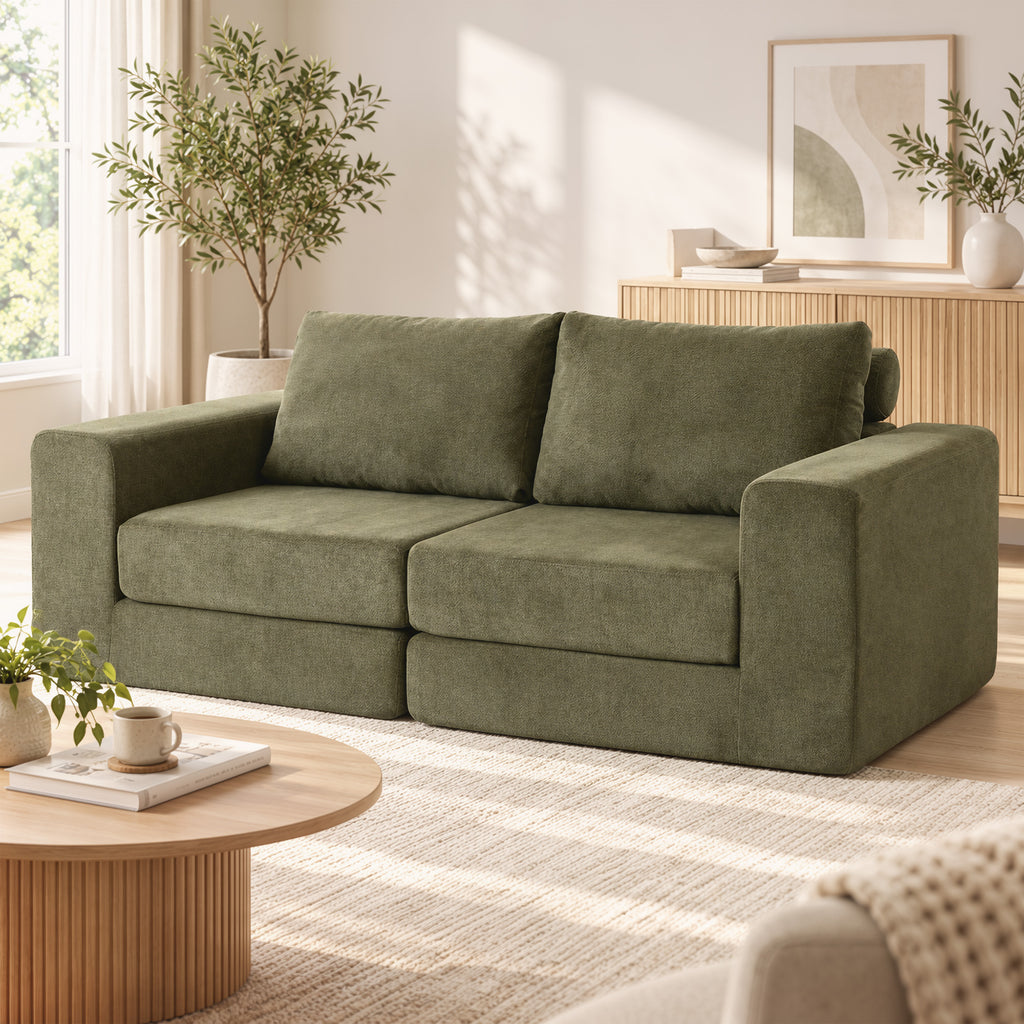 Canapé Convertible 2 Places 4 en 1, Canapé-Lit Compressé en Chenille 208 cm avec Assise Large, 2 Oreillers, Vert-8