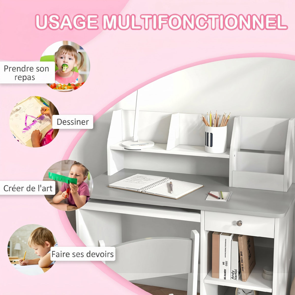 Bureau enfant avec chaise ergonomique avec clavier coulissant tiroir niches et étagères ouvertes 90 x 45 x 90 cm gris-4