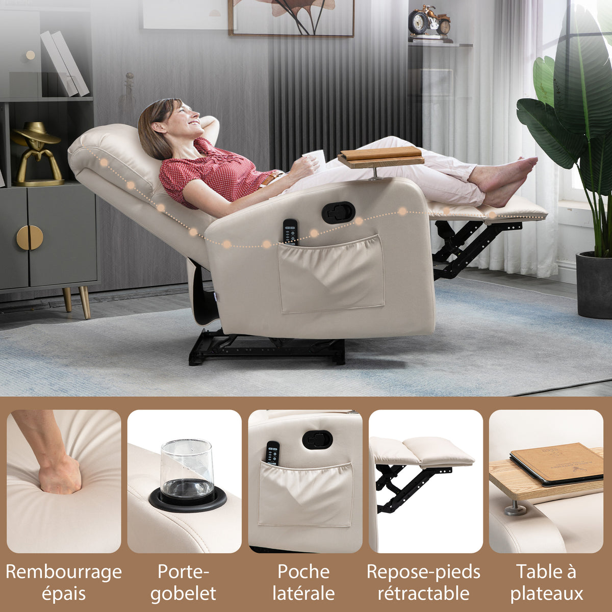 Fauteuil de relaxation fauteuil de massage inclinable avec Tablette, Poches latérales et Télécommande chaise TV-6