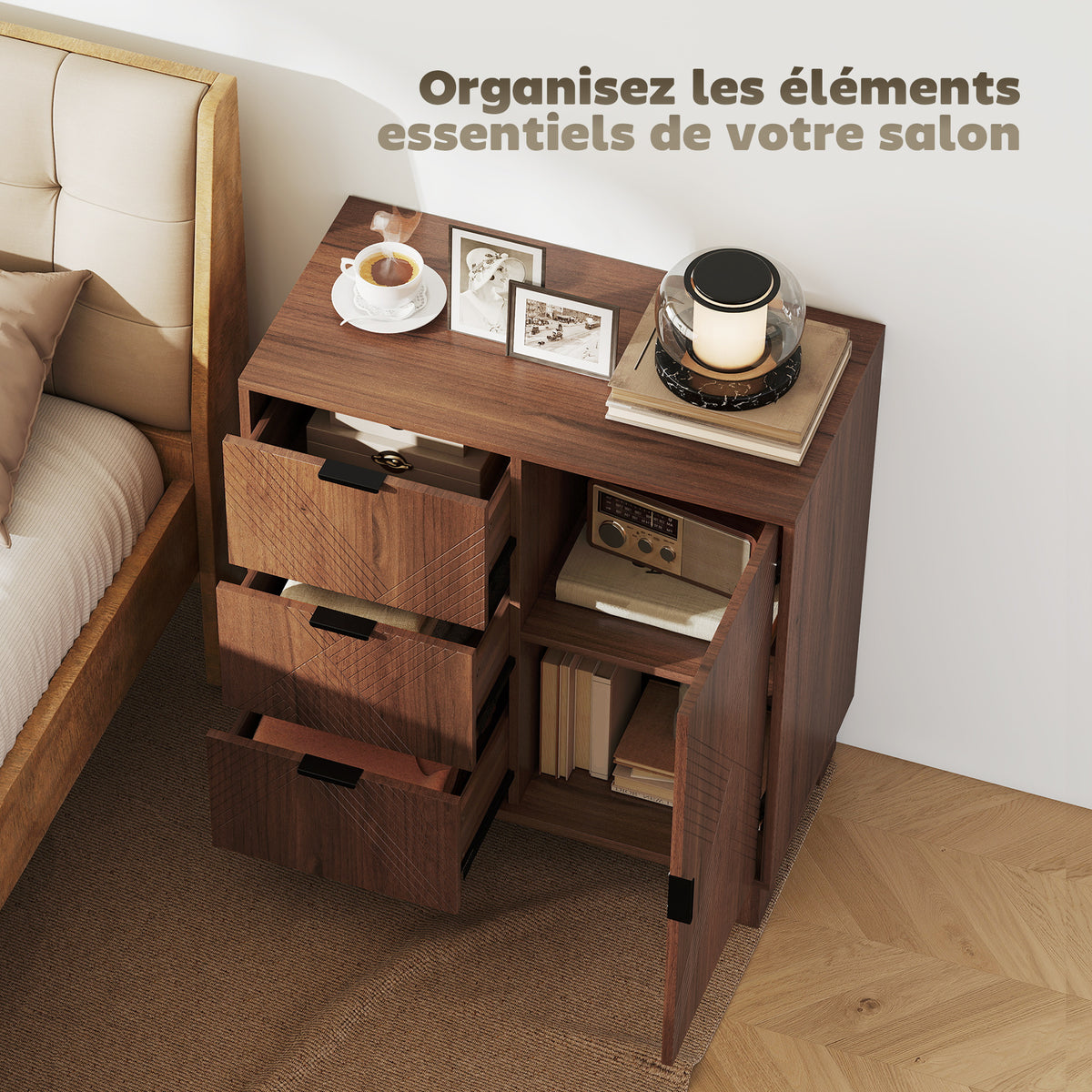 Buffet salon meuble de rangement avec placard à porte 3 tiroirs et étagère réglable 75 x 39 x 80 cm, effet bois marron-3