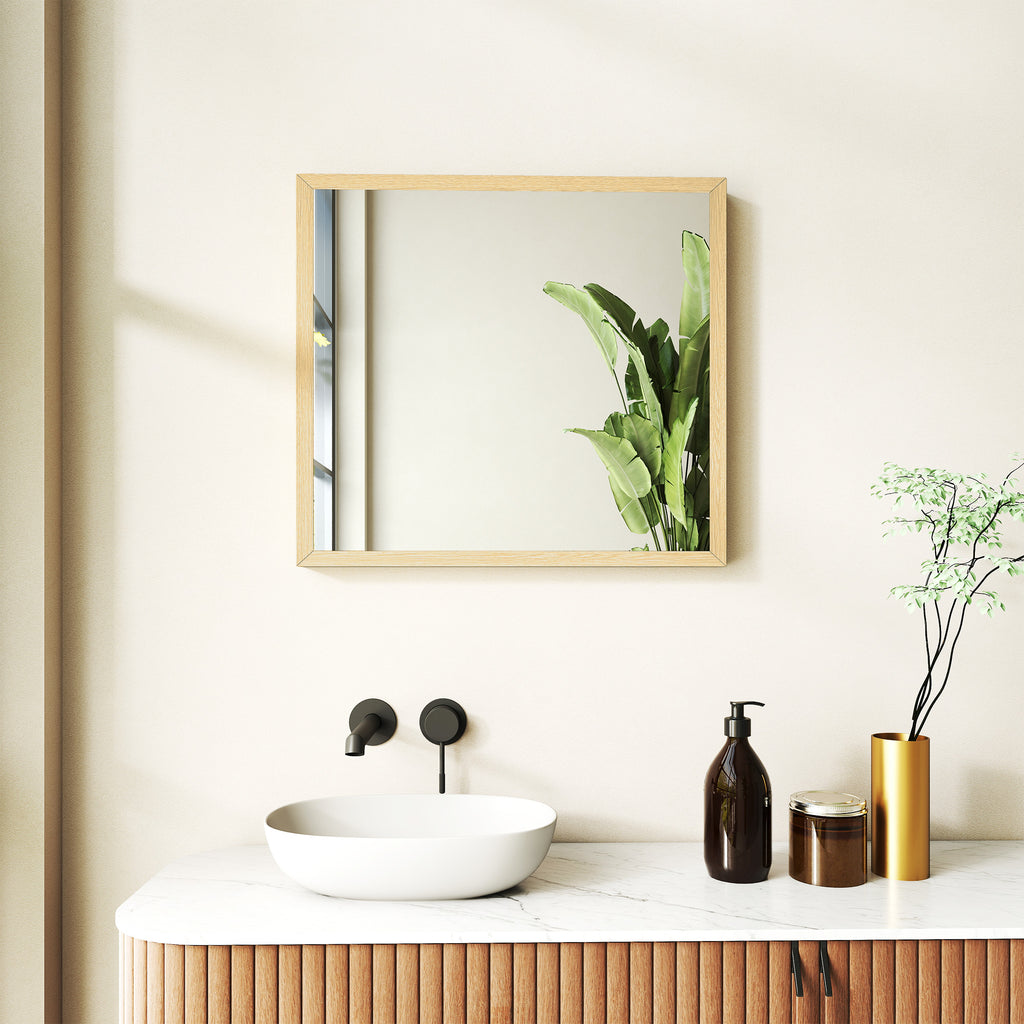 Miroir mural carré 50 x 50 cm, cadre en bois naturel, idéal pour la salle de bain, salon ou chambre-1