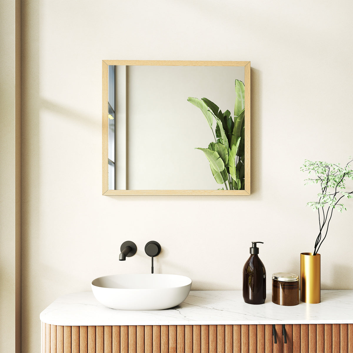 Miroir mural carré 50 x 50 cm, cadre en bois naturel, idéal pour la salle de bain, salon ou chambre-1