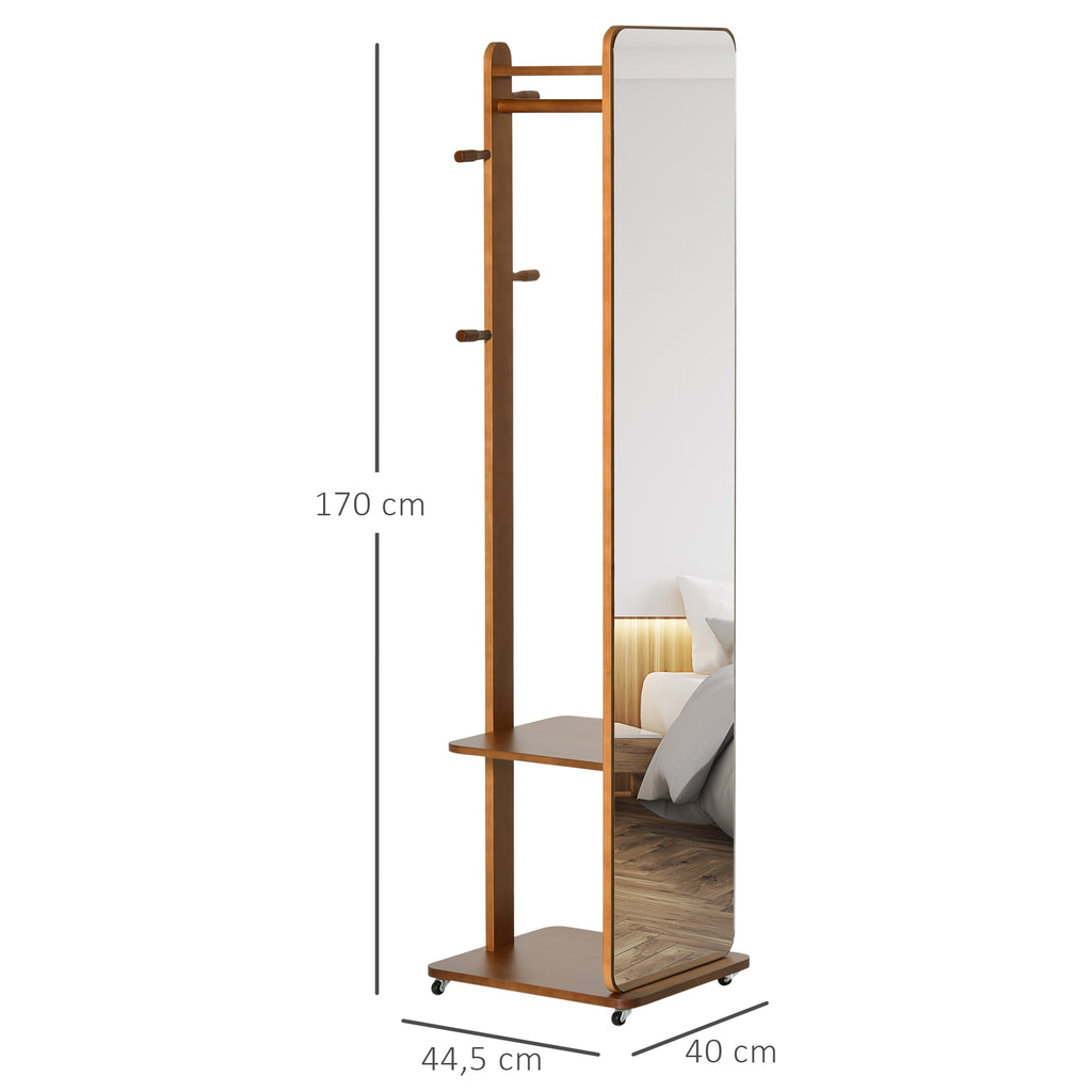 Miroir sur Pied avec roulettes - Portant, 4 patères étagère MDF Aspect Noyer-2