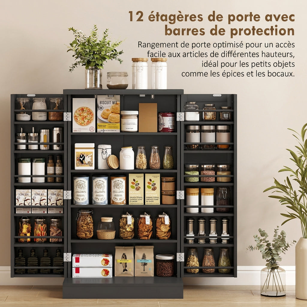 Armoire de Cuisine, Buffet Cuisine, avec 2 Portes, 12 Porte-Racks, 5 Compartiments et Étagères Réglables, Noir-4