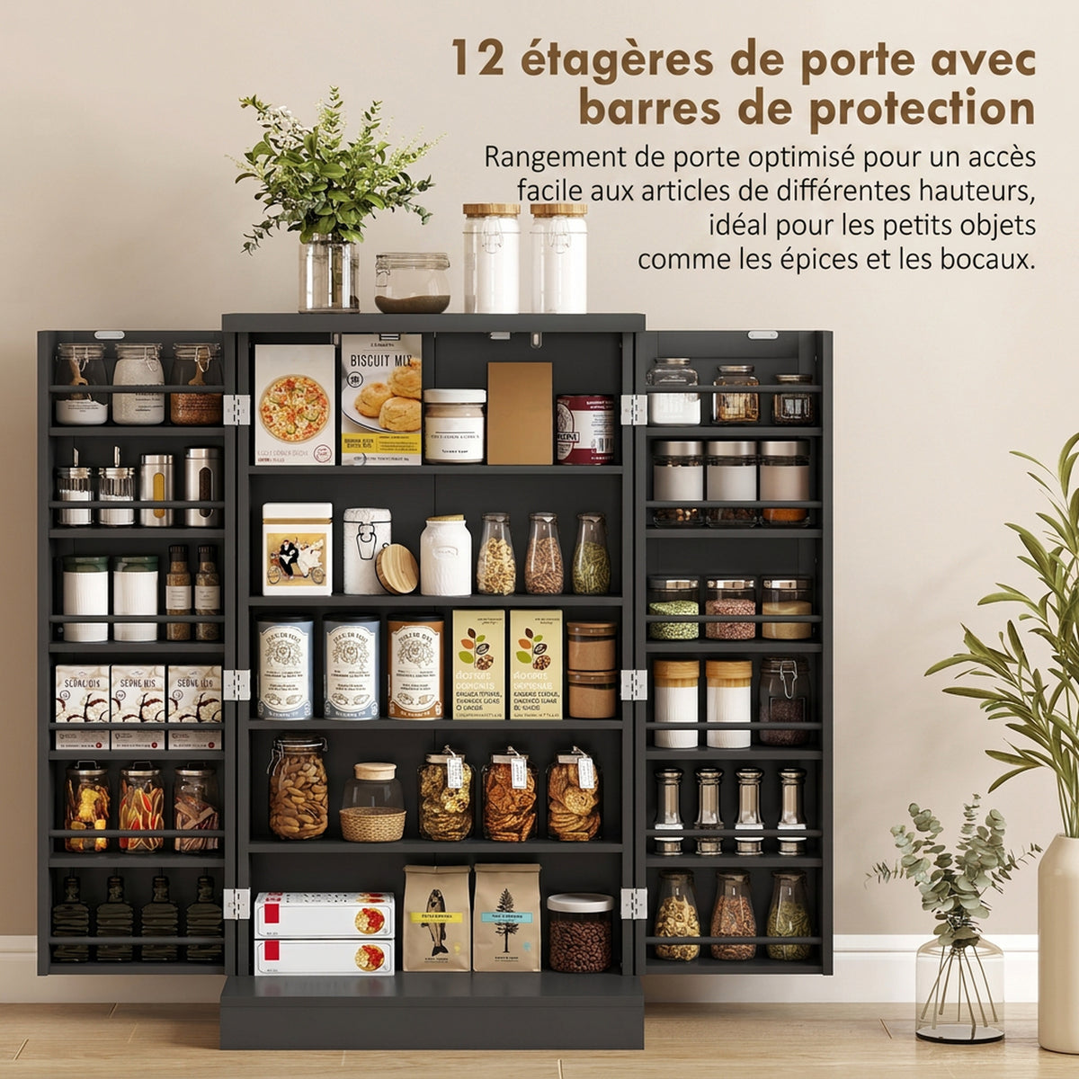 Armoire de Cuisine, Buffet Cuisine, avec 2 Portes, 12 Porte-Racks, 5 Compartiments et Étagères Réglables, Noir-4