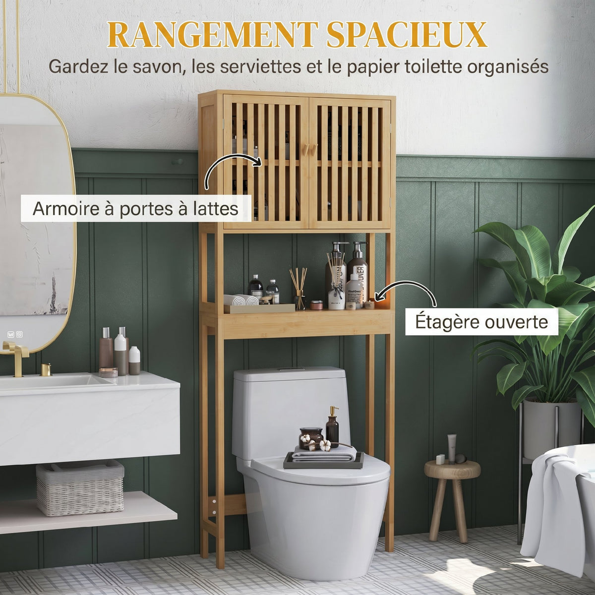 Étagère de toilettes meuble de salle de bain dessus toilette WC avec placard 2 portes et étagère ouverte bambou-3