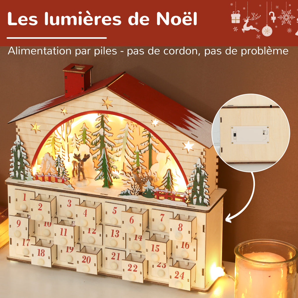 Calendario dell’Avvento di Natale con villaggio in legno, 24 cassetti e 15 LED