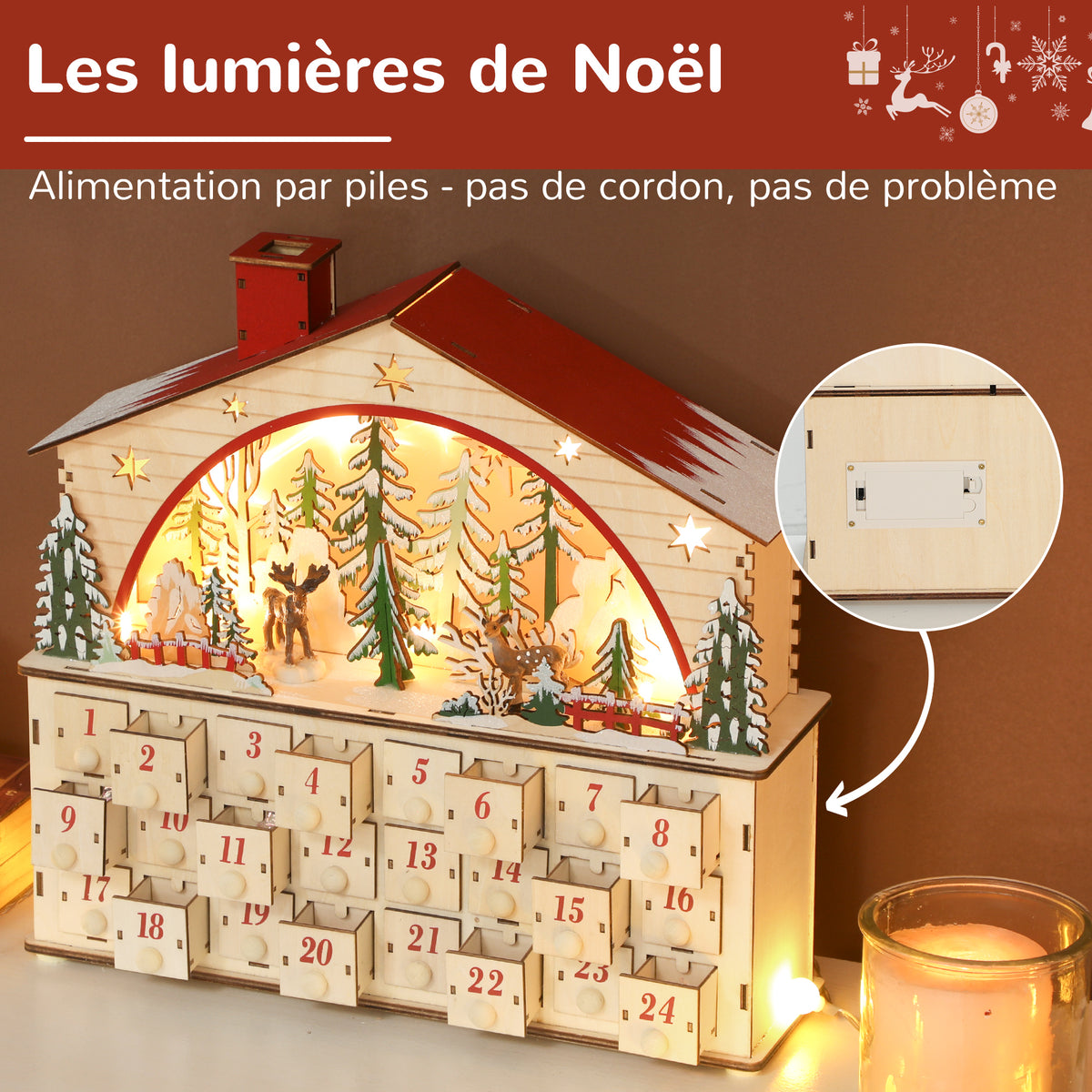 Calendario dell’Avvento di Natale con villaggio in legno, 24 cassetti e 15 LED