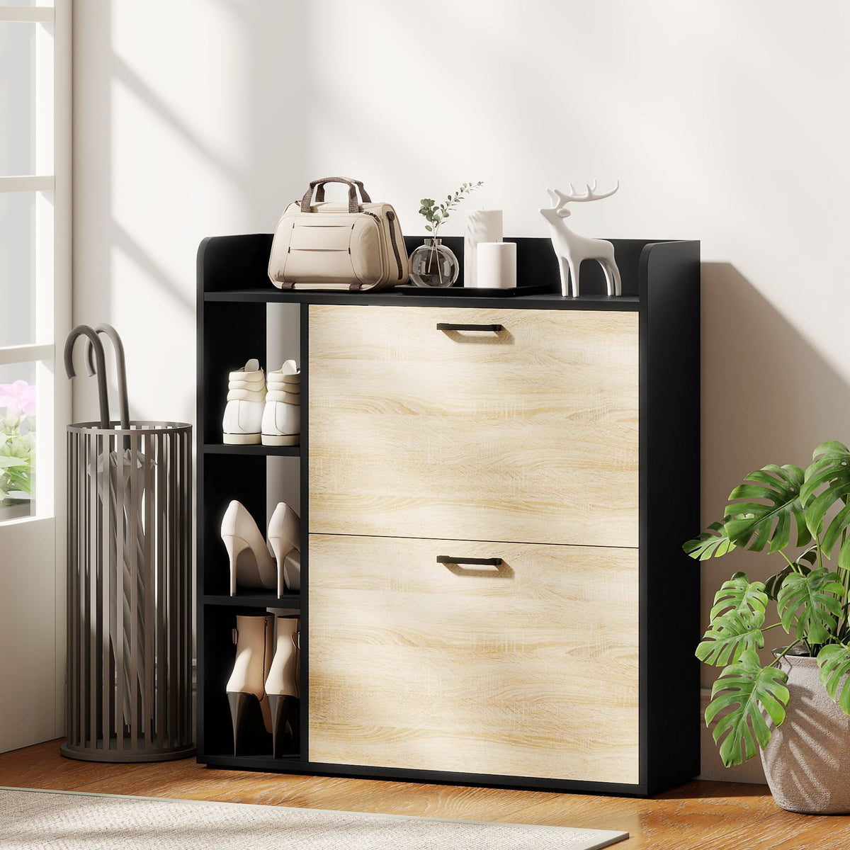 Meuble à chaussures 15 paires, armoire à chaussures moderne avec 2 tiroirs rabattables, 83x24x90,5cm, noir-9
