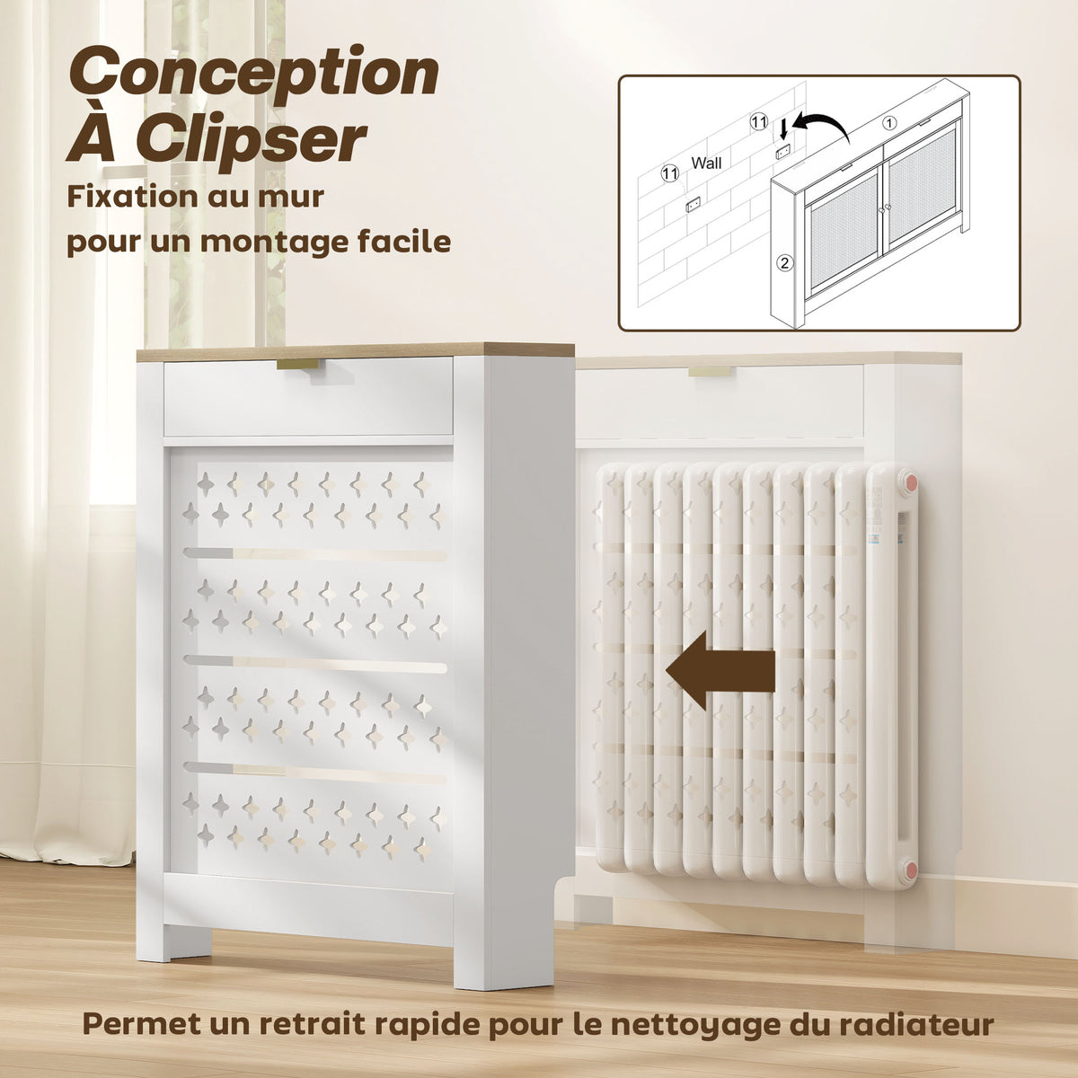 Couvercle de radiateur, cache radiateur avec placard rabattable et étagère supérieur, 78 x 19 x 95,5 cm, blanc-5