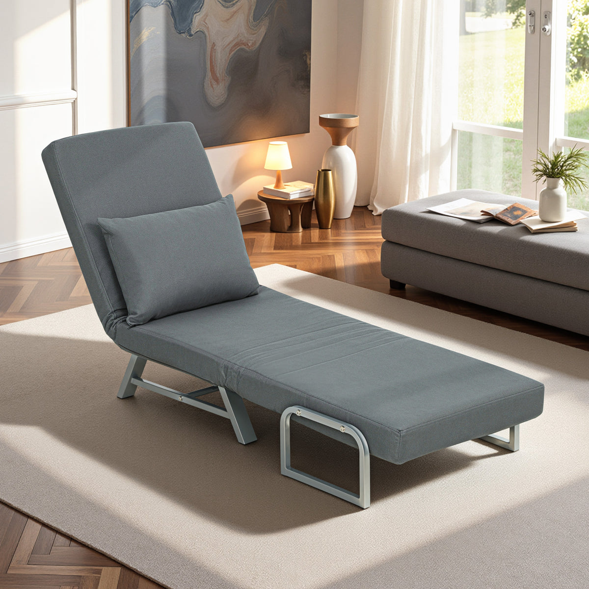 Fauteuil Convertible 1 Place, Fauteuil-Lit Pliable Rembourré en Lin avec Dossier Réglable, Oreiller, Gris Foncé-1