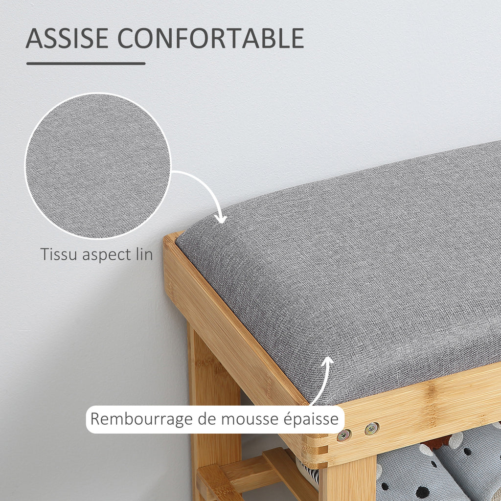 Meuble à Chaussures Banc à Chaussures 2 étagères Coussin Gris intégré Bambou-3