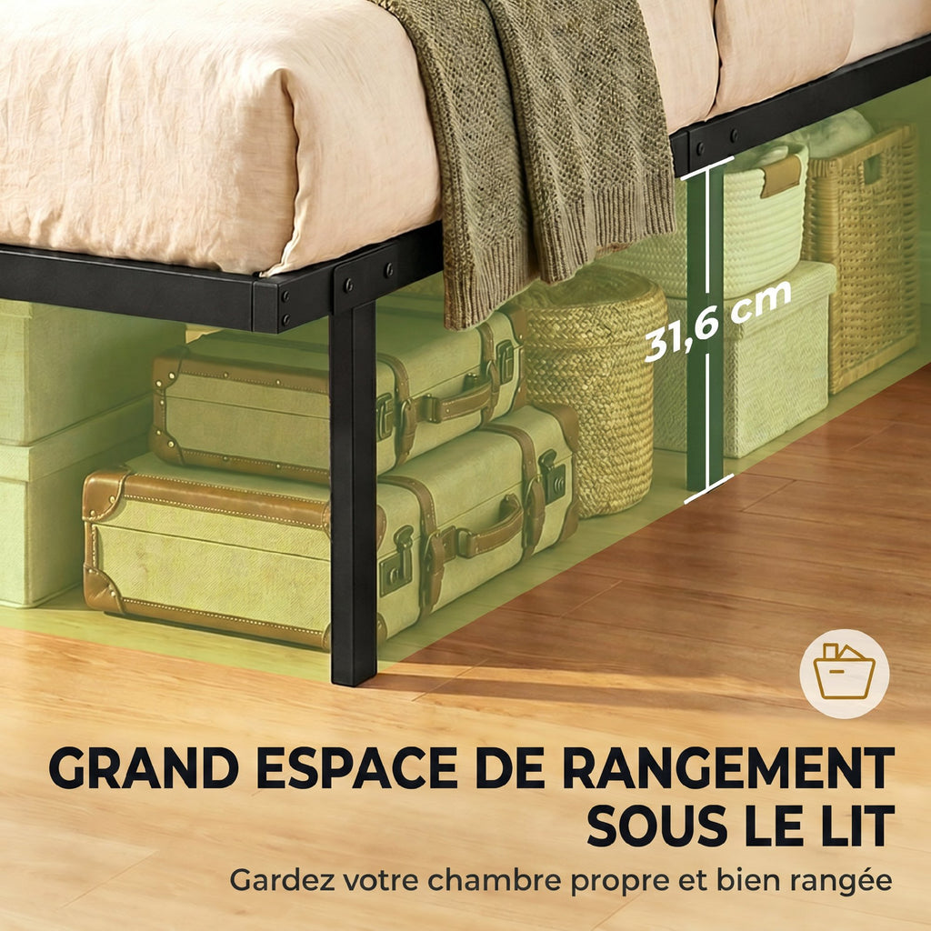 Cadre de lit 90 x 200 cm avec sommier en métal, lit simple avec rangement au-dessous, sans bruit, montage facile, noir-4