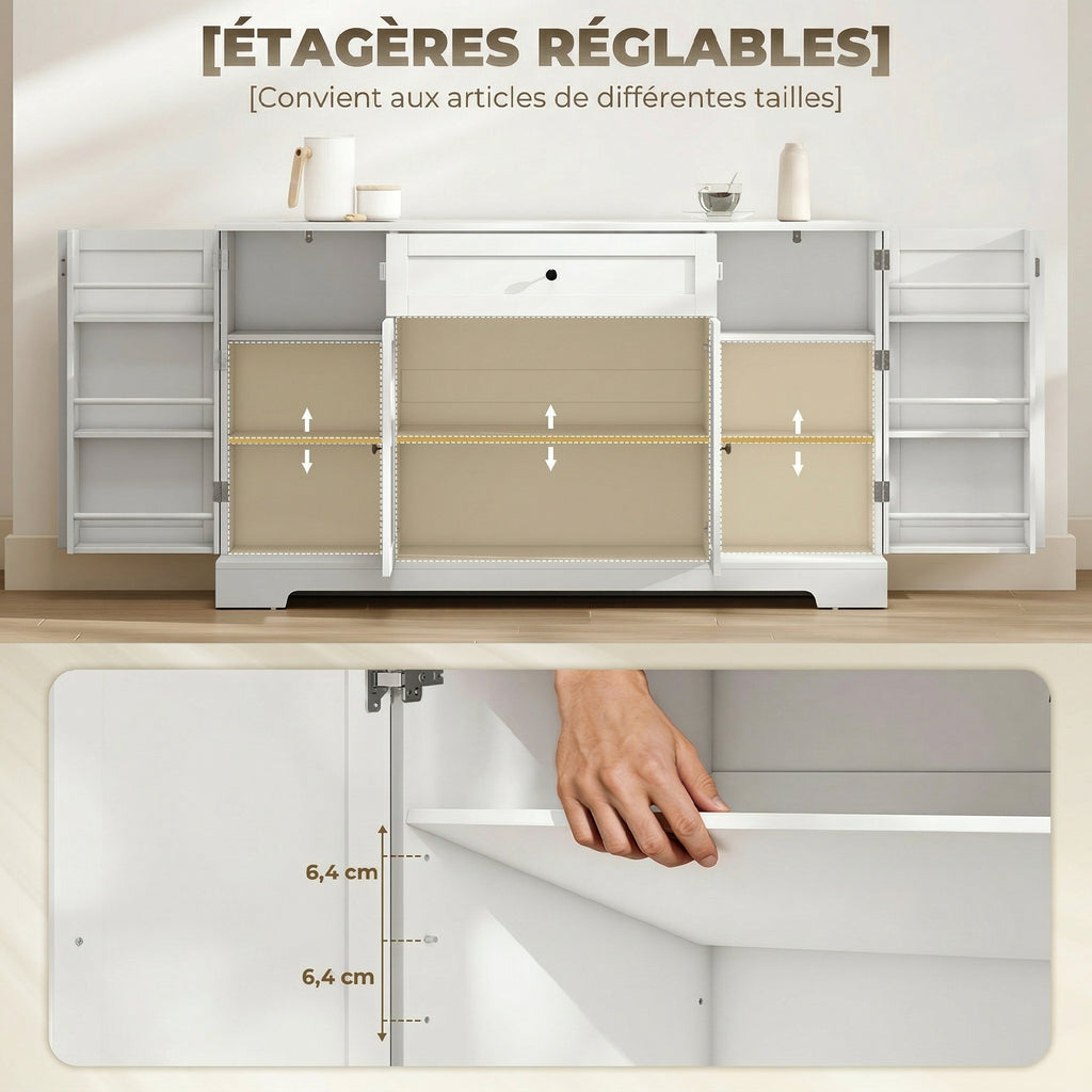 Buffet cuisine, meuble de rangement avec tiroir, 4 portes à fermeture douce, racks-porte et étagères réglables, blanc-5