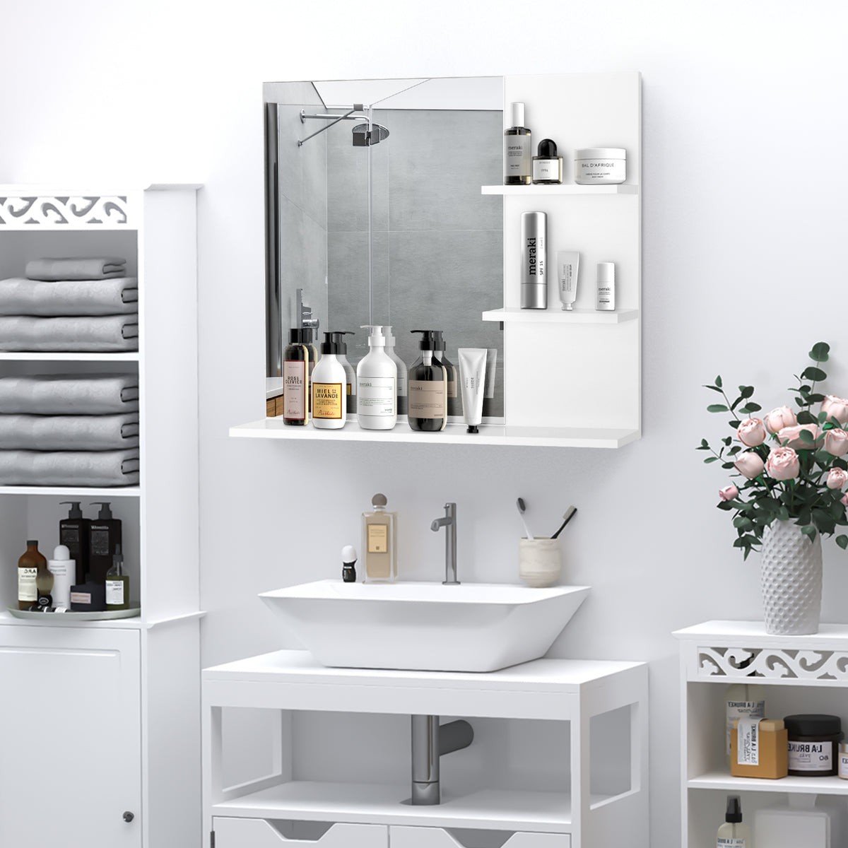 Miroir de Salle de Bain avec étagères - 2 étagères latérales + Grande étagère inférieure - kit Installation fourni - MDF Blanc-1