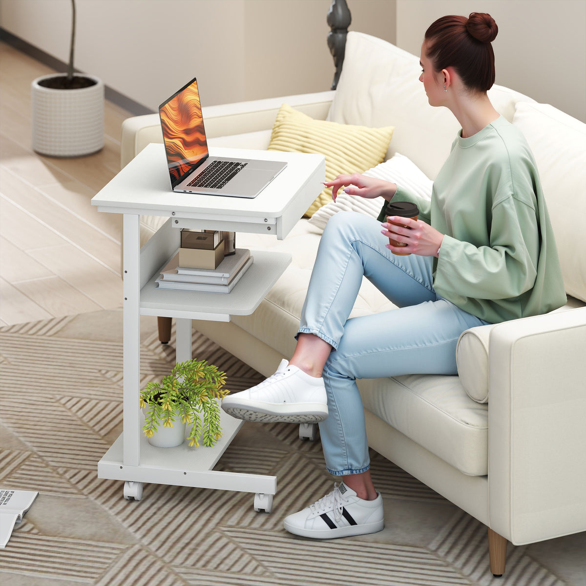 Bureau d'ordinateur sur roues, bureau avec rangement 56 x 51 cm avec tiroir, compartiment et support CPU, blanc-7