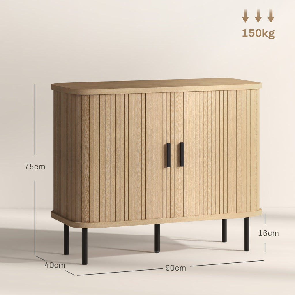 Buffet meuble de rangement avec portes coulissantes à lattes, armoire de cuisine avec pieds en acier, ton chêne-2