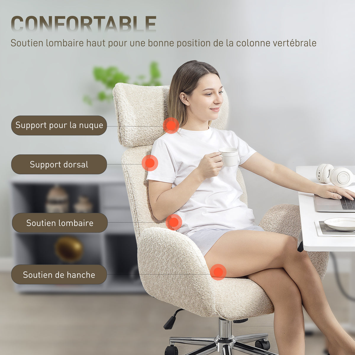 Chaise bureau ergonomique, fauteuil de bureau pivotant, hauteur réglable, appui-tête réglable, fonction bascule, gris-3