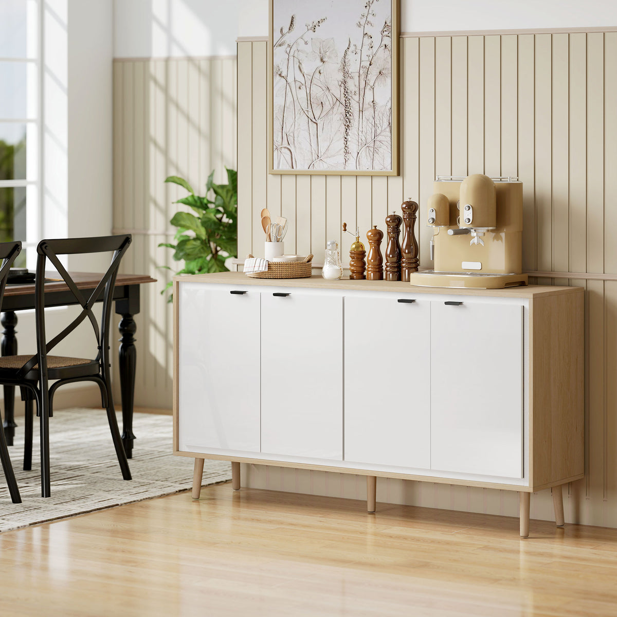 Buffet à haute brillance, meuble de rangement avec 4 portes, étagères réglables, 141 x 35 x 77 cm, blanc et chêne-8