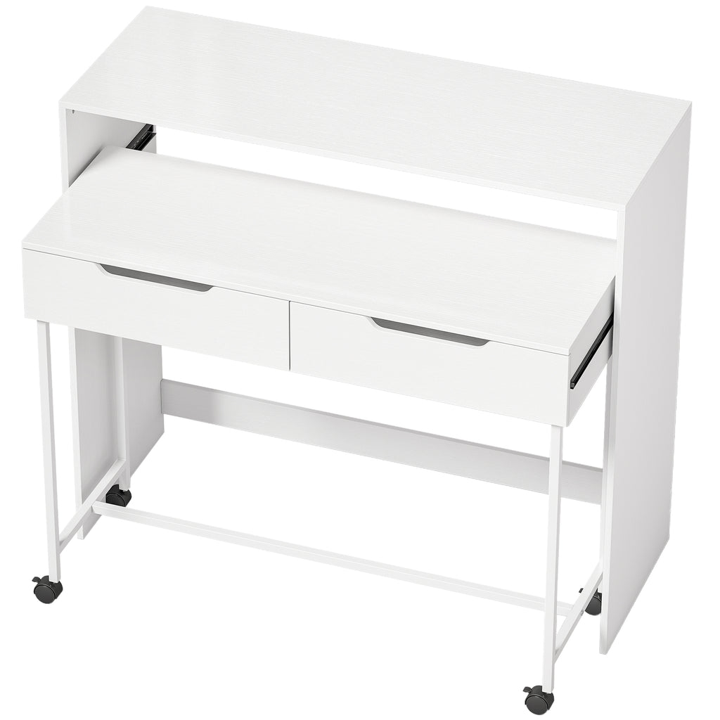 Bureau d'Ordinateur Extensible 100 cm avec 2 Tiroirs, Bureau avec Rangement, Style Moderne, Blanc-0