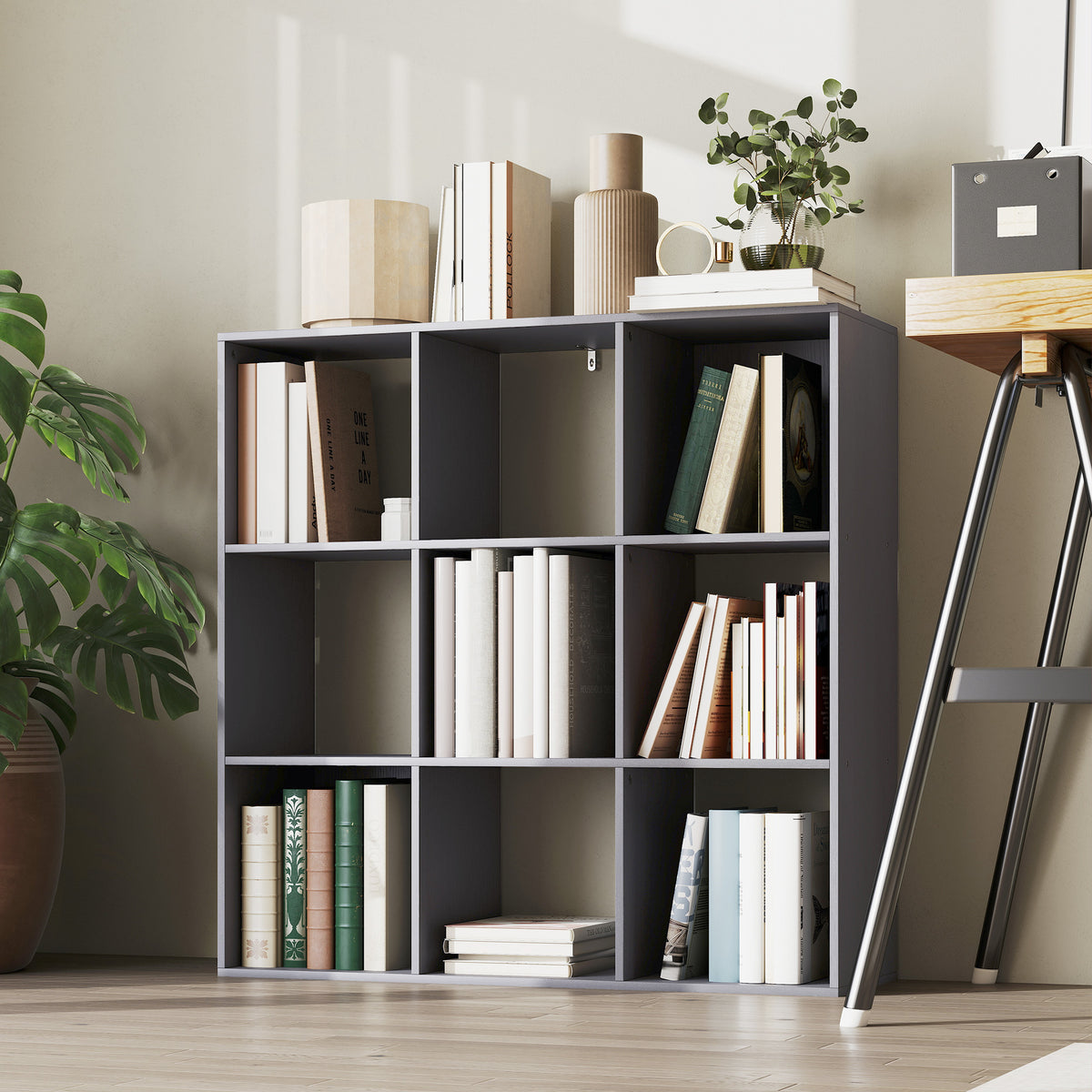 Bibliothèque, étagère de rangement à 3 niveaux avec 9 compartiments, pour salon, bureau, chambre, 91x29,5x91cm, gris-8