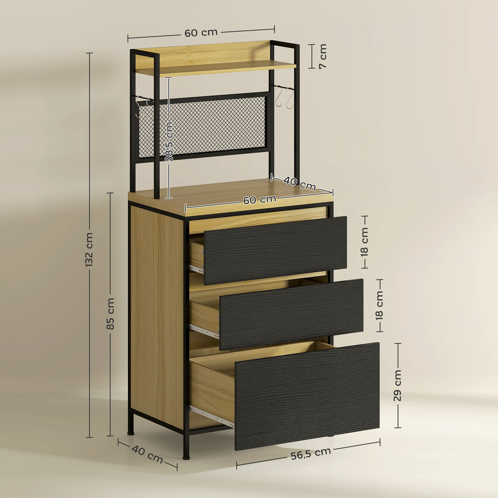 Armoire de cuisine style industriel avec 3 tiroirs, plan de travail, étagère et 4 crochets, 60x40x132cm-2