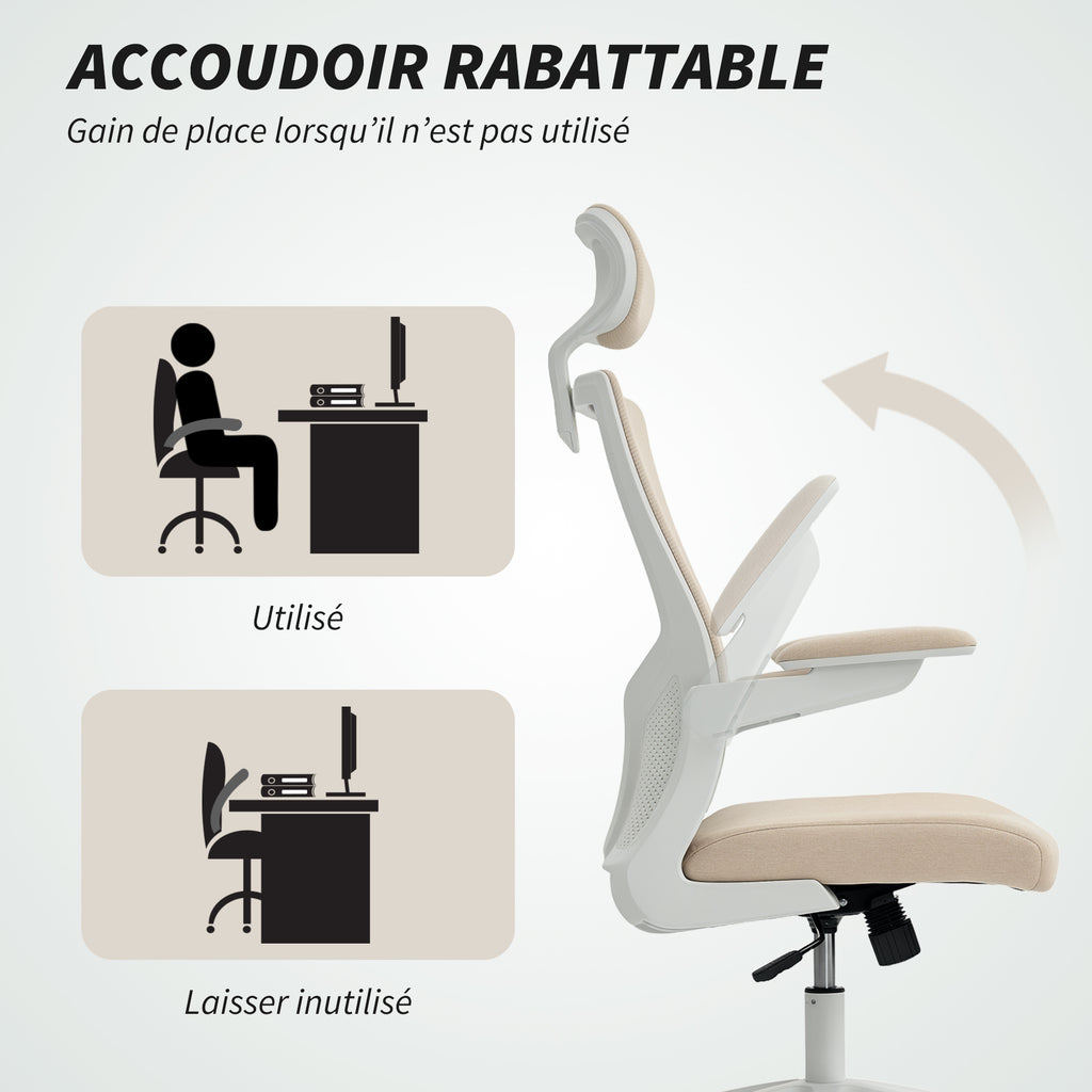 Chaise bureau ergonomique, fauteuil de bureau, accoudoirs relevables, soutien lombaire, appui-tête, 60x63x120cm, beige-6