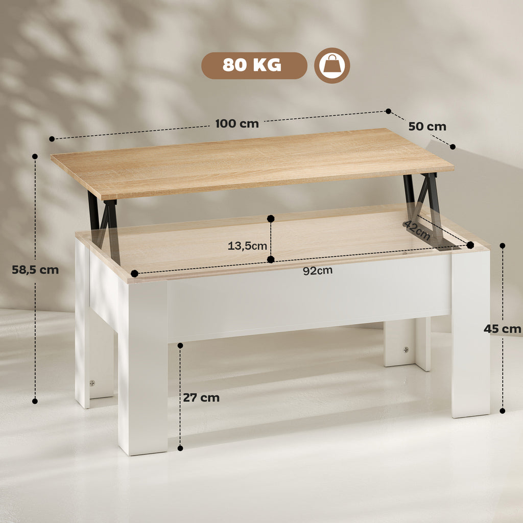 Table basse relevable, table de salon avec compartiment caché, style moderne, pour salon, bureau, 100x50x45cm, blanc-2