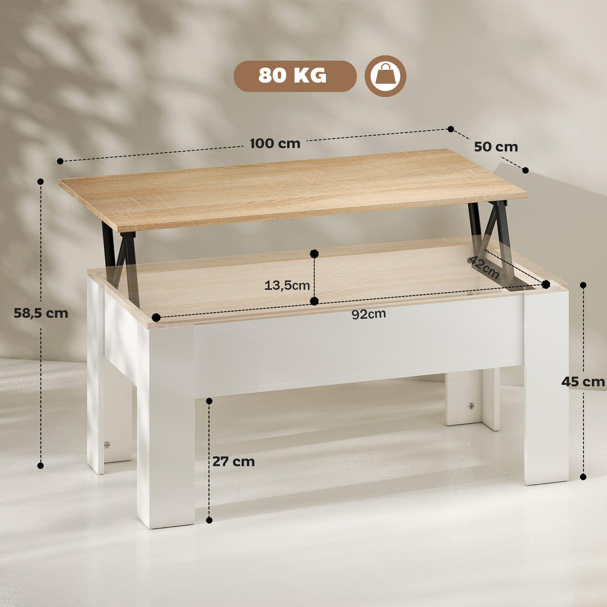 Table basse relevable, table de salon avec compartiment caché, style moderne, pour salon, bureau, 100x50x45cm, blanc-2