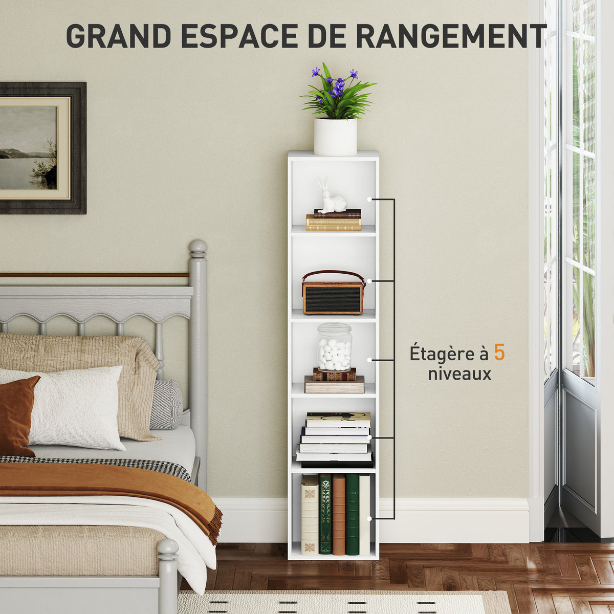 Bibliothèque étagère de rangement 5 niveaux avec étagères réglables pour salon, chambre, bureau, 30x24x133,5cm, blanc-3