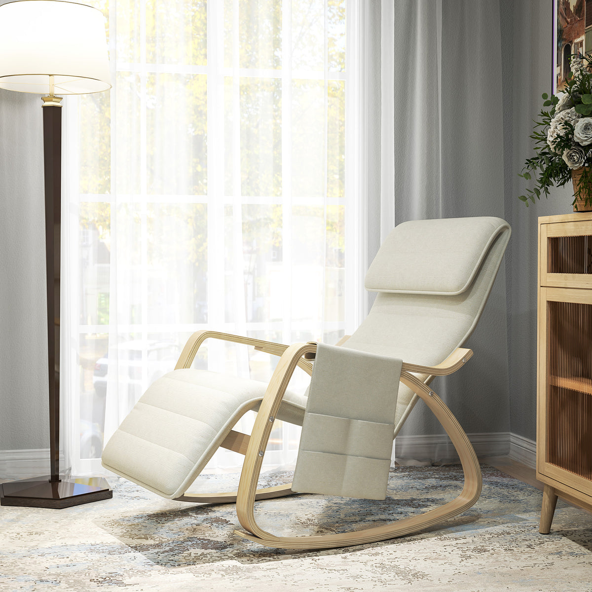 Fauteuil relax à bascule fauteuil allaitement avec repose-pieds réglable, poche latérale et appui-tête, blanc crème-8
