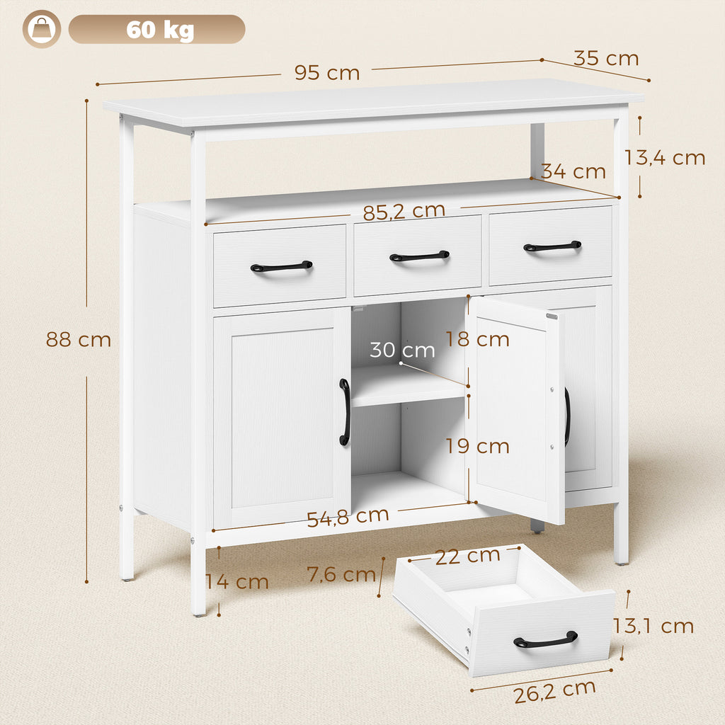 Buffet cuisine, meuble de rangement, 3 portes, 3 tiroirs, compartiment ouvert et étagères réglables, 95x35x88cm, blanc-2