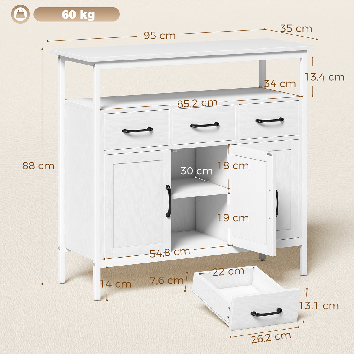 Buffet cuisine, meuble de rangement, 3 portes, 3 tiroirs, compartiment ouvert et étagères réglables, 95x35x88cm, blanc-2