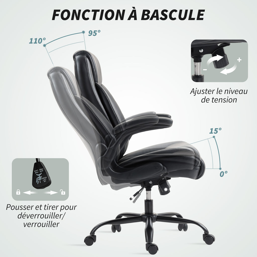 Fauteuil de bureau avec accoudoirs relevables, chaise de bureau ergonomique, hauteur réglable, fonction de bascule, noir-6