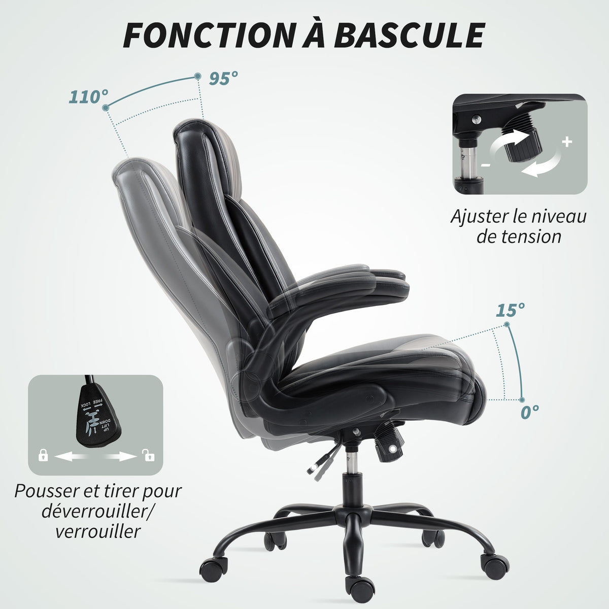 Fauteuil de bureau avec accoudoirs relevables, chaise de bureau ergonomique, hauteur réglable, fonction de bascule, noir-6