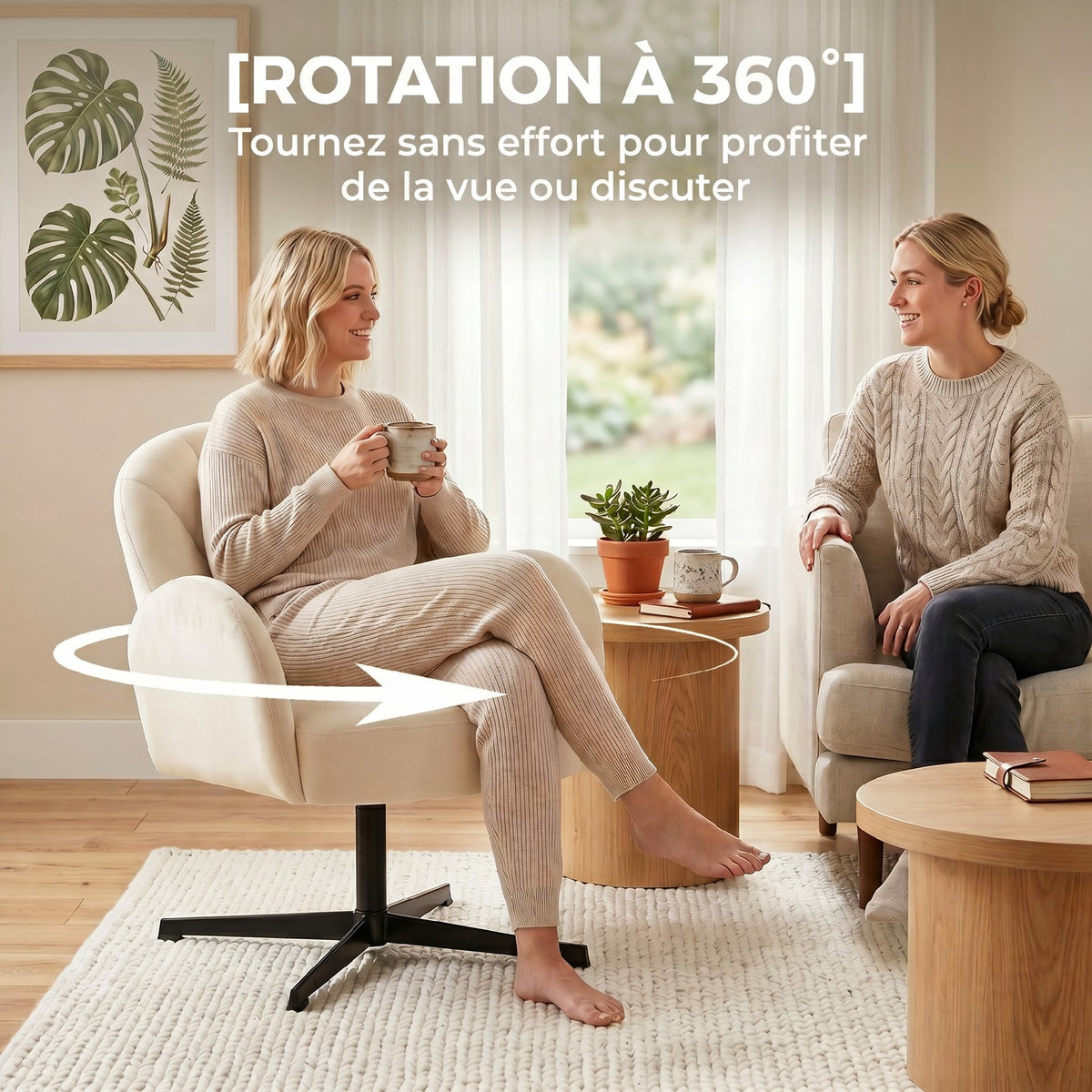 Fauteuil salon pivotant fauteuil d'appoint rembourré en velours dossier en forme de coquille coussin à ressorts beige-4