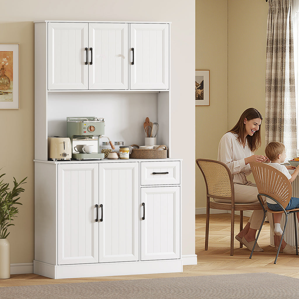 Buffet Haut Cuisine Moderne, 6 Portes, 1 tiroir, 1 Compartiment Ouvert, Étagères Réglables, 100 x 39,5 x 180,5 cm, Blanc-7