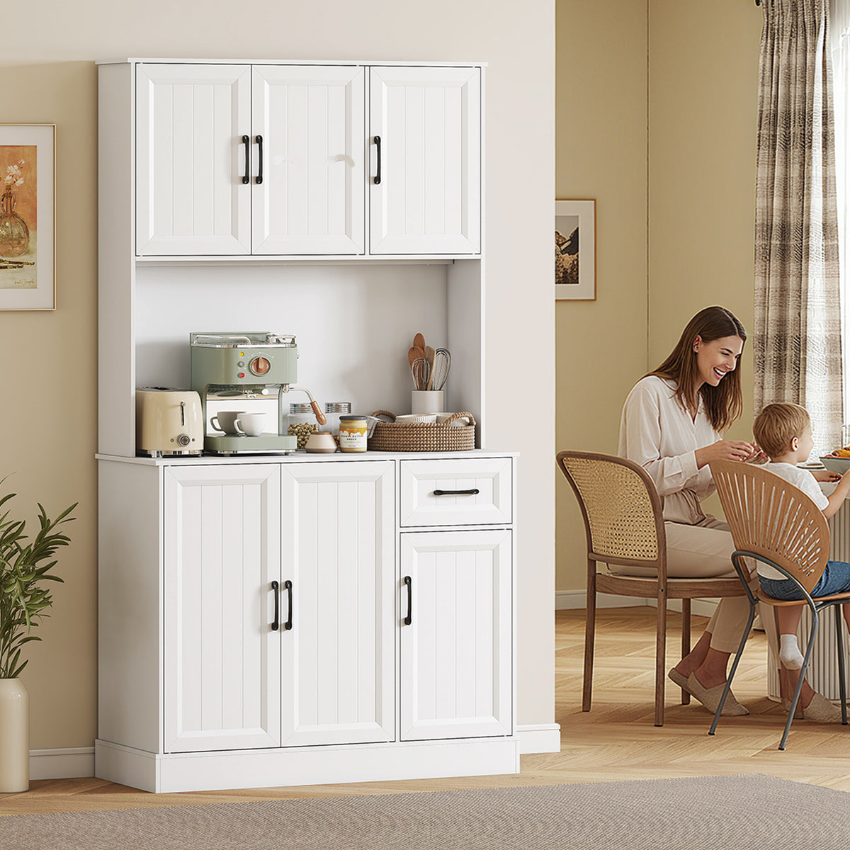 Buffet Haut Cuisine Moderne, 6 Portes, 1 tiroir, 1 Compartiment Ouvert, Étagères Réglables, 100 x 39,5 x 180,5 cm, Blanc-7