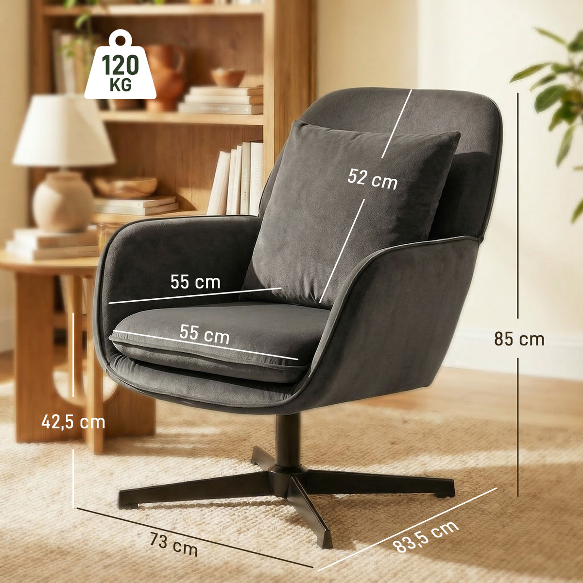 Fauteuil salon, fauteuil d'appoint rembourré en velours avec large assise, coussin et structure en métal, gris foncé-2