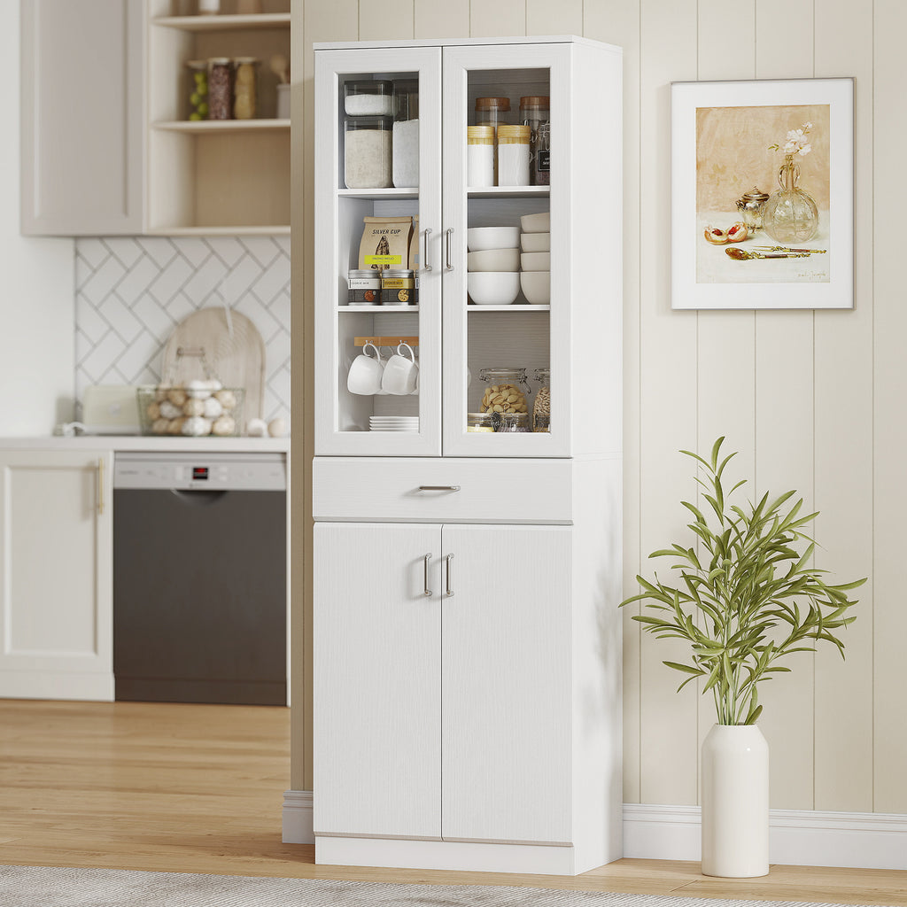 Buffet haut cuisine, armoire de cuisine, 4 portes dont 2 en verre, tiroirs, étagères réglables, 60x35x180cm, blanc-9