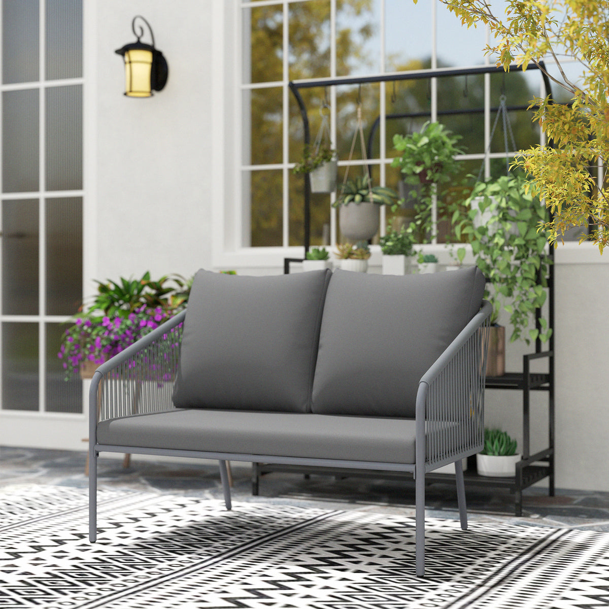 Canapé de jardin 2 places en résine tressée avec coussins canapé d'extérieur accoudoirs cadre en acier 112x72x76cm gris-8