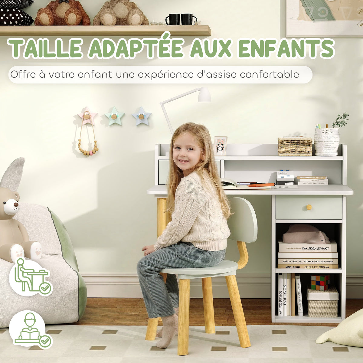 Bureau enfant avec chaise, table enfant et chaise avec 2 tiroirs et étagères ouvertes, 85 x 48 x 73 cm, vert-5