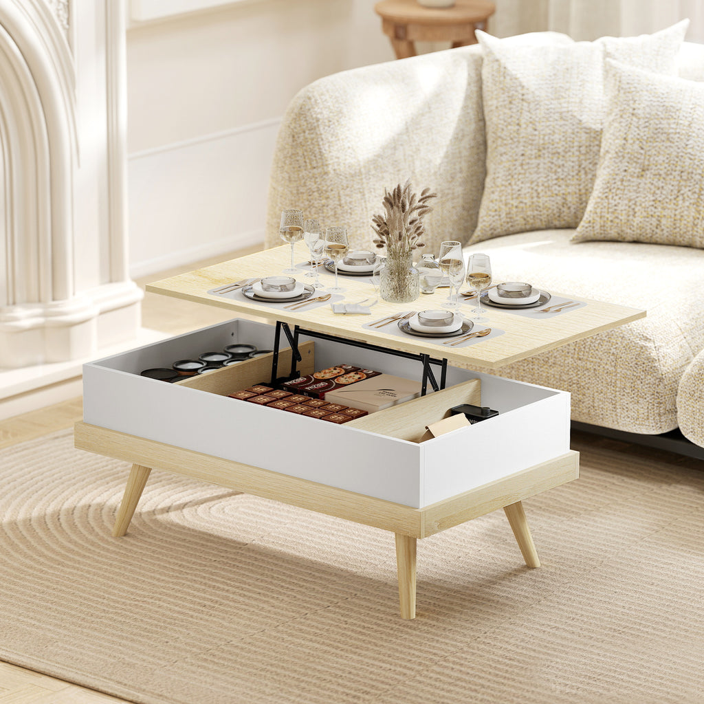 Table Basse Relevable avec 3 Compartiments Cachés, Table de Salon Moderne, Pieds en Bois, 100x79x54cm, Naturel Blanc-9