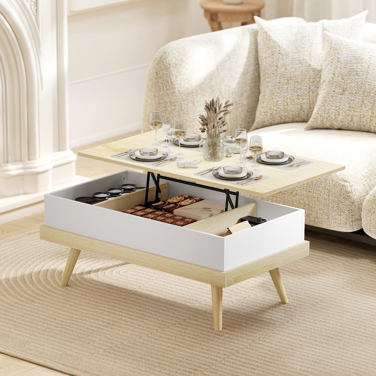 Table Basse Relevable avec 3 Compartiments Cachés, Table de Salon Moderne, Pieds en Bois, 100x79x54cm, Naturel Blanc-9