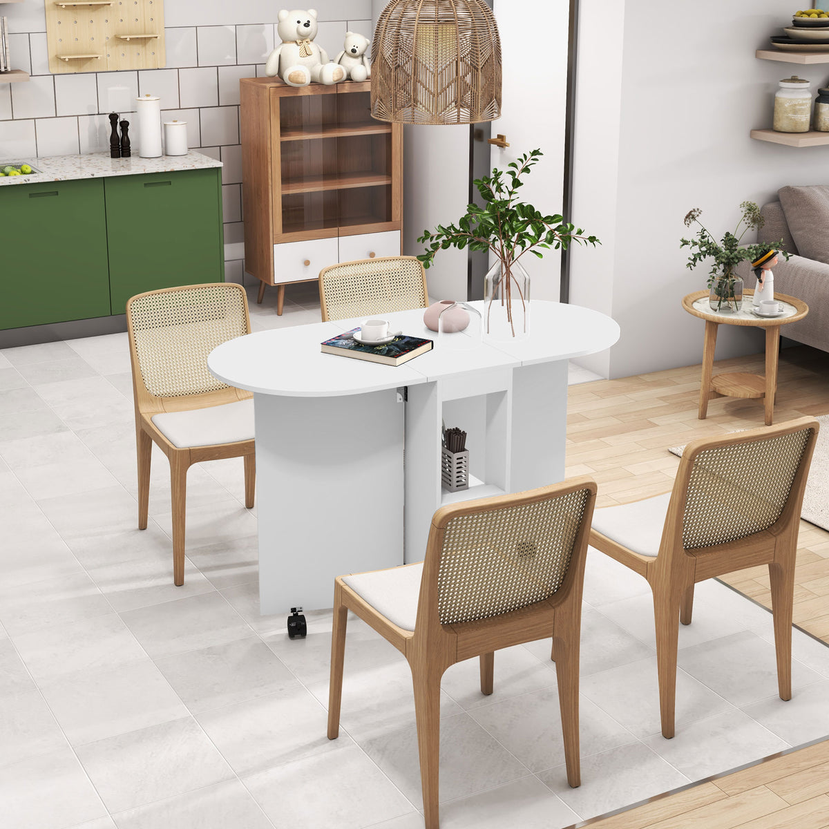 Table à manger pliante sur roulettes, table de cuisine pour 4 personnes, 2 abattants et 2 étagères, 120x60x77cm, blanc-9